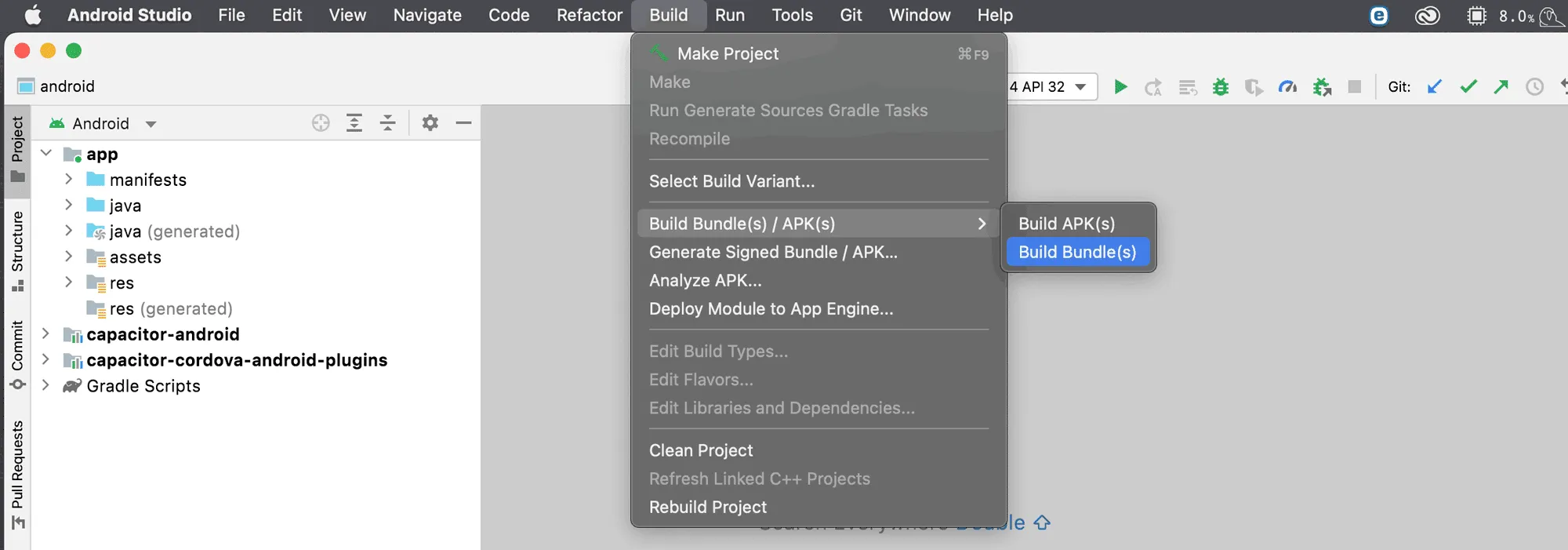 AndroidStudioのメニューからBuildBundlesを選ぶ