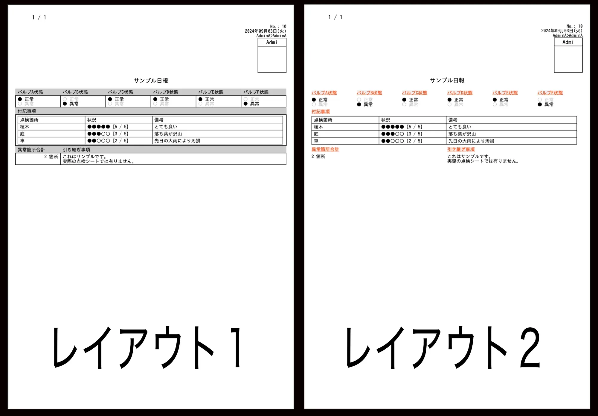 同じ日報を異なるレイアウトで出力した例