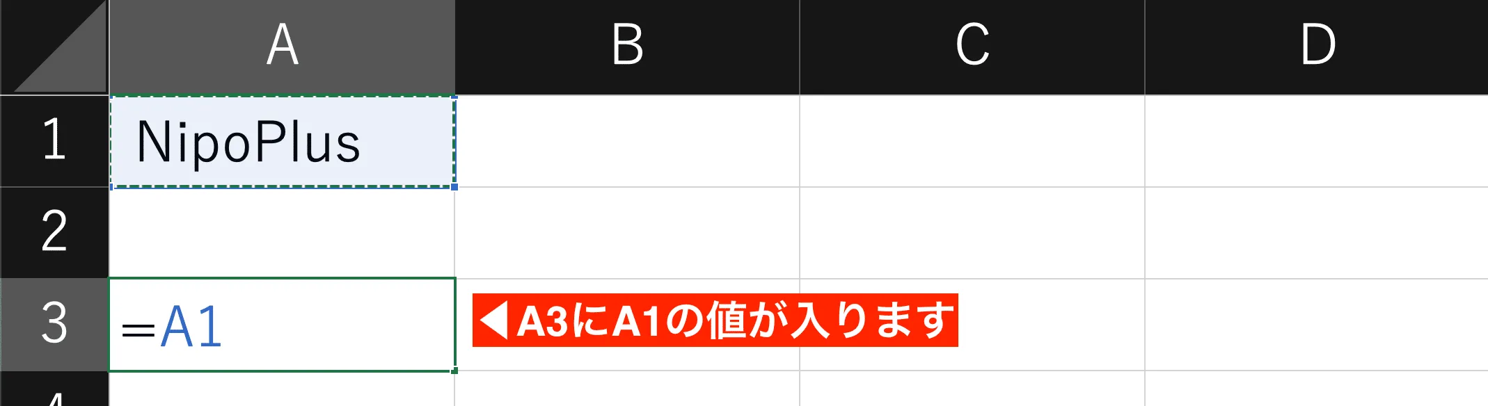 参照を使うには先頭に = を入力し、その後に参照したいセル番地をクリックして入力