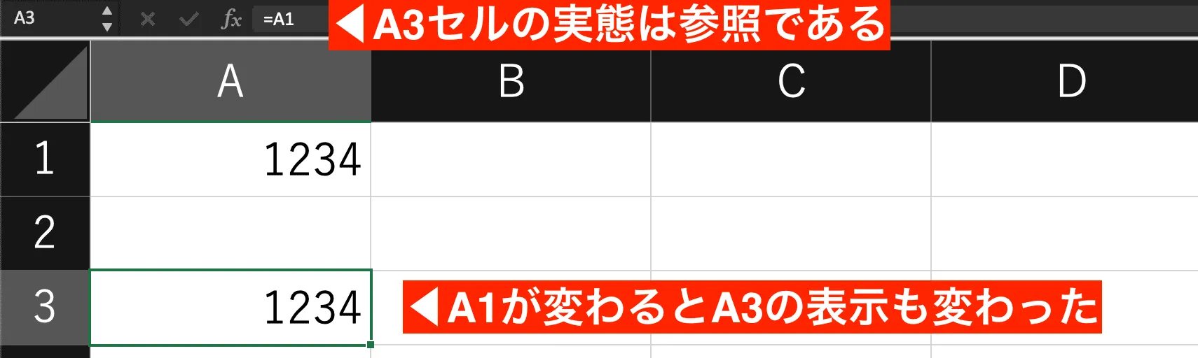 参照元が変化すると参照先のセルの表示も変わる
