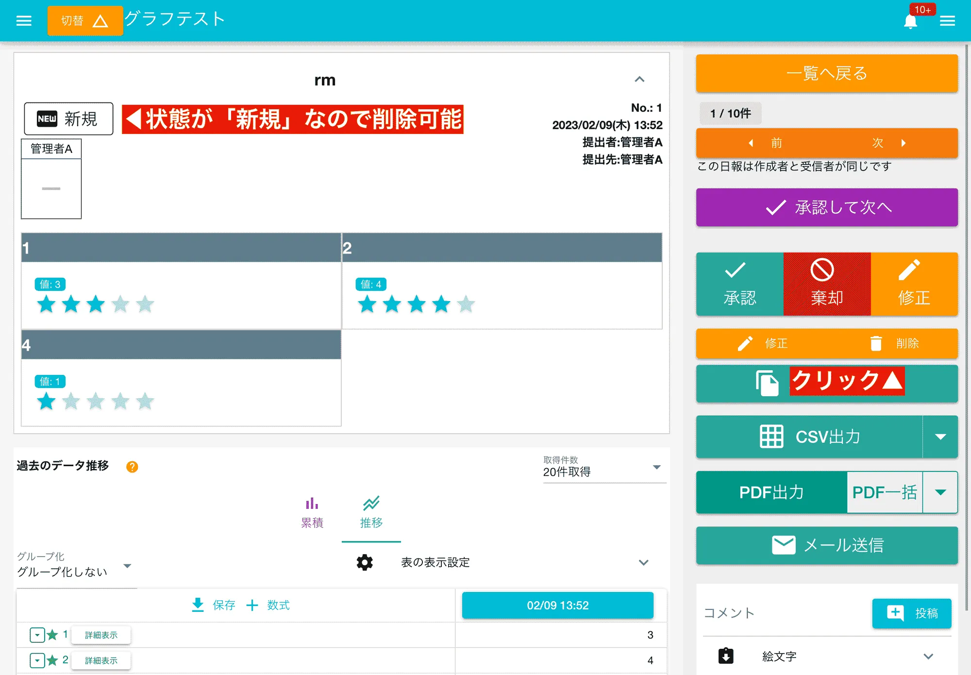 自分の日報でかつ状態が新規または棄却の場合、削除ボタンが表示される