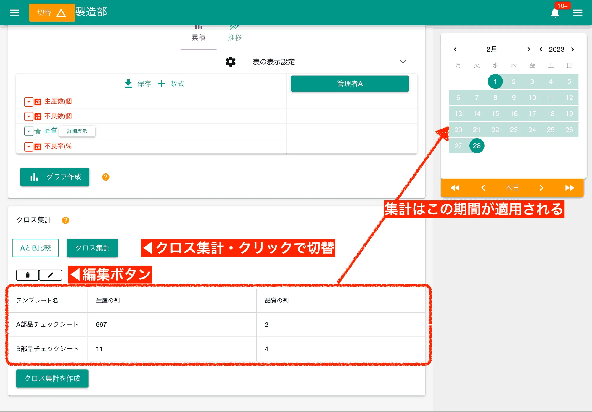 作成したクロス集計を表示します。異なるテンプレートのデータを横断的に比較し、全体像を把握しましょう