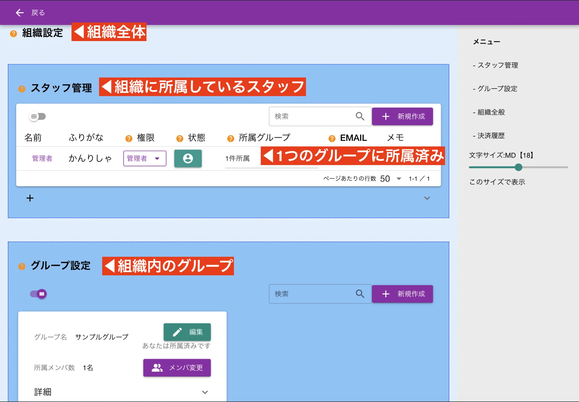 組織設定画面では組織内のスタッフとグループを管理できるよ