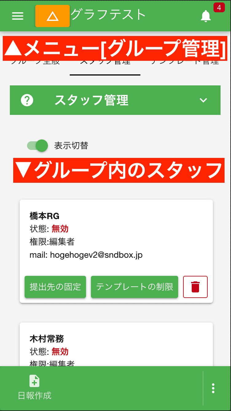 グループ内から見た所属スタッフの一覧画面です