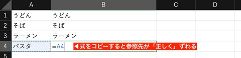 数式をフィルコピーすると相対参照は相対的にズレます