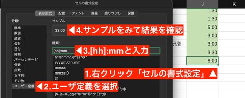 24時間を超えて表示させる場合は表示形式から[hh]:mmのように表示形式を変更します