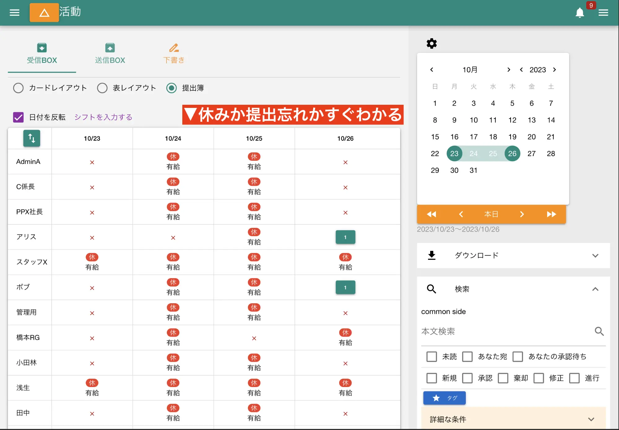 提出状況を一覧で確認可能。欠勤か提出漏れかを判別するにはシフトを登録することで解決できます。